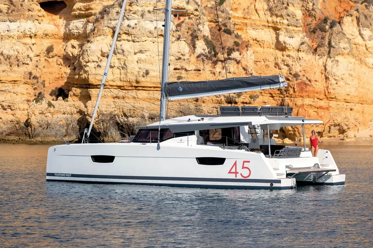 Exterior view of BLU DOLPHIN, a Fountaine Pajot Elba 45 catamaran at Capo d'Orlando, Italy
