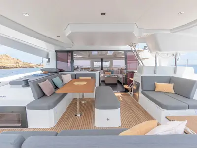 Deck of BLU DOLPHIN, a Fountaine Pajot Elba 45 catamaran at Capo d'Orlando, Italy