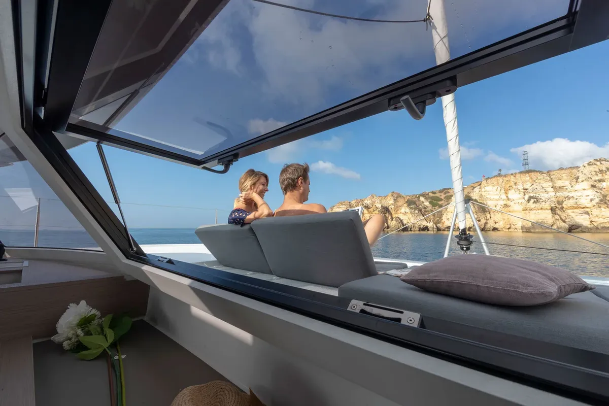 Deck of BLU DOLPHIN, a Fountaine Pajot Elba 45 catamaran at Capo d'Orlando, Italy