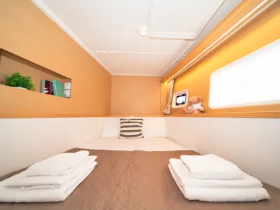 Cabin on Callisto, a Lagoon 400 S2 catamaran at Lavreotiki, Greece