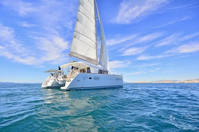 Exterior view of Callisto, a Lagoon 400 S2 catamaran at Lavreotiki, Greece