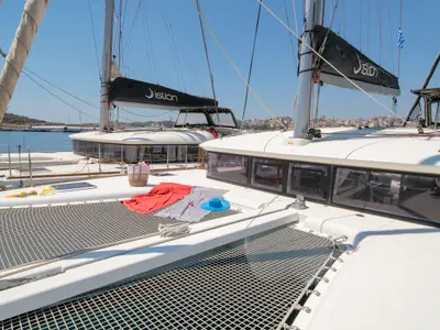 Deck of Callisto, a Lagoon 400 S2 catamaran at Lavreotiki, Greece
