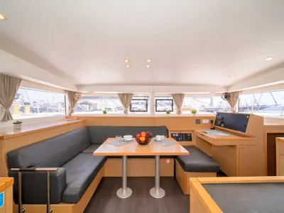 Salon of Callisto, a Lagoon 400 S2 catamaran at Lavreotiki, Greece