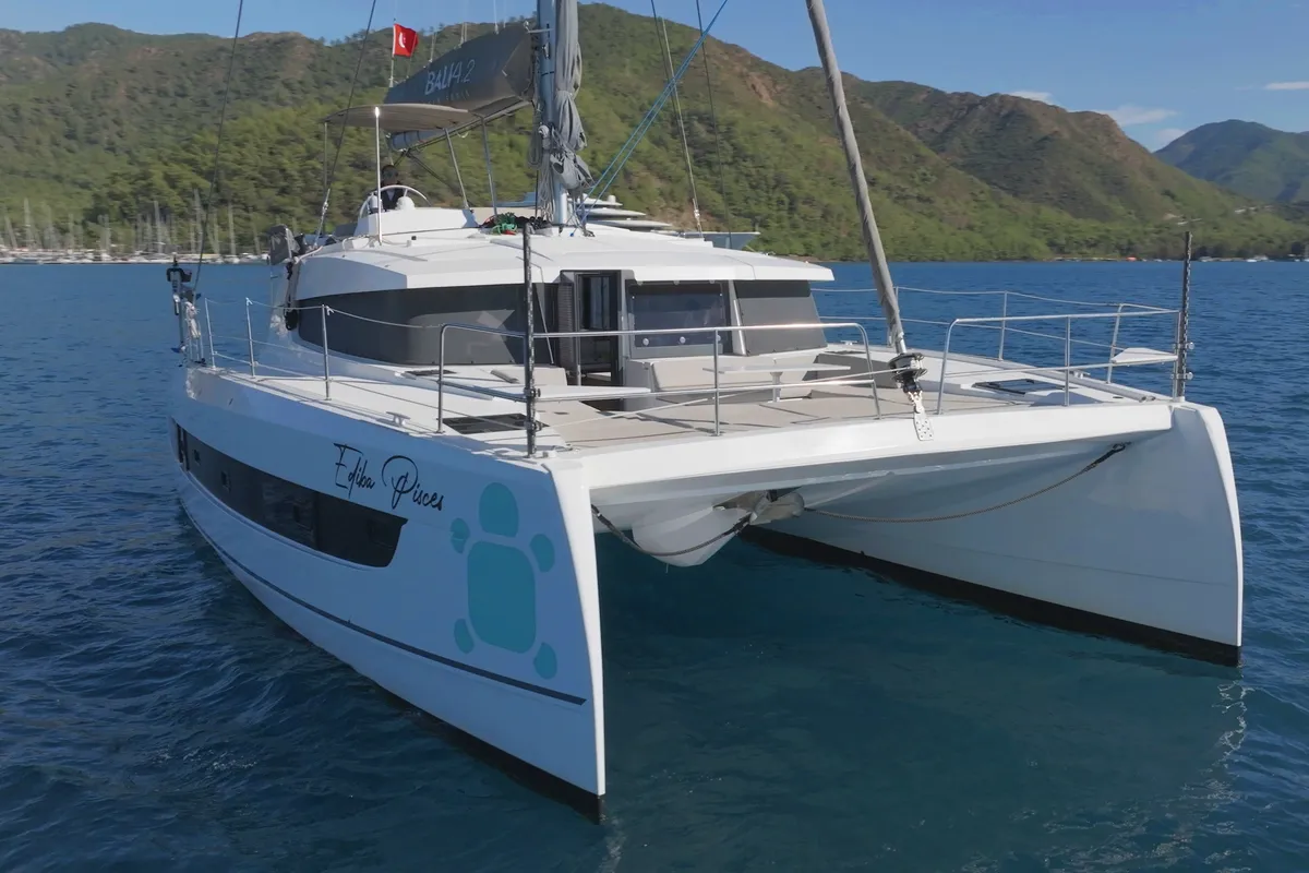 Exterior view of Pisces, a Bali 4.2 catamaran at Marmaris, Turkey