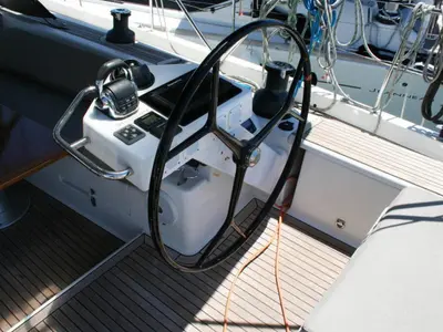 Cockpit of Solan, a Hanse 575 sailboat at Lavrion, Greece