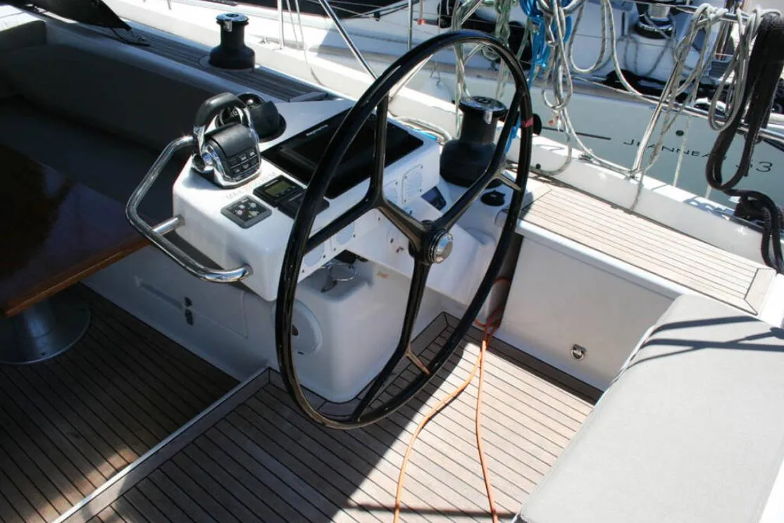 Cockpit of Solan, a Hanse 575 sailboat at Lavrion, Greece