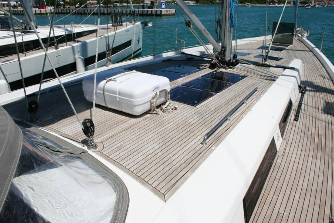 Deck of Solan, a Hanse 575 sailboat at Lavrion, Greece