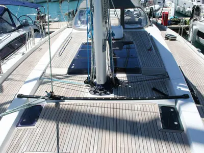 Deck of Solan, a Hanse 575 sailboat at Lavrion, Greece