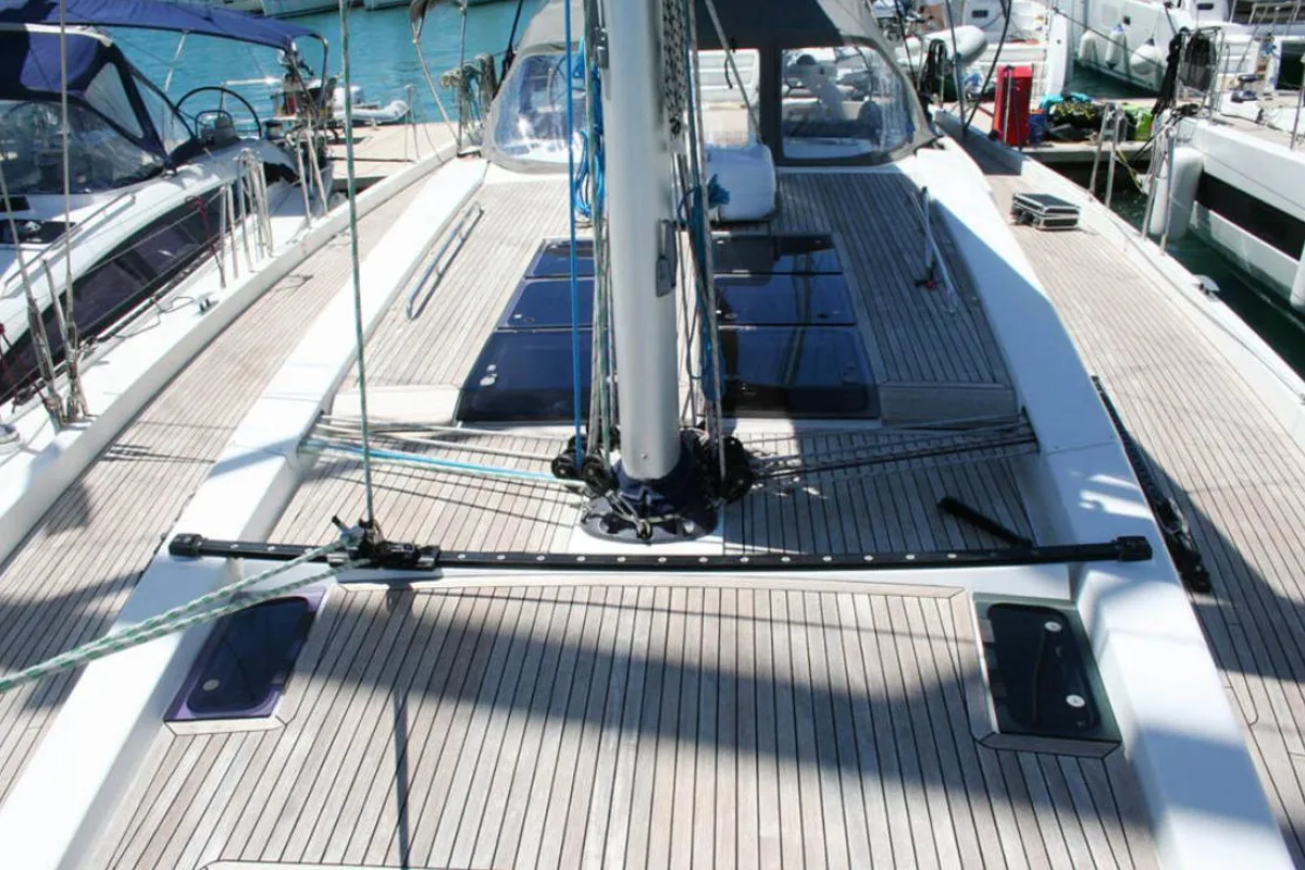 Deck of Solan, a Hanse 575 sailboat at Lavrion, Greece