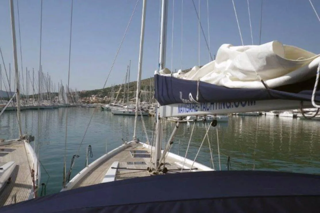 Deck of Solan, a Hanse 575 sailboat at Lavrion, Greece
