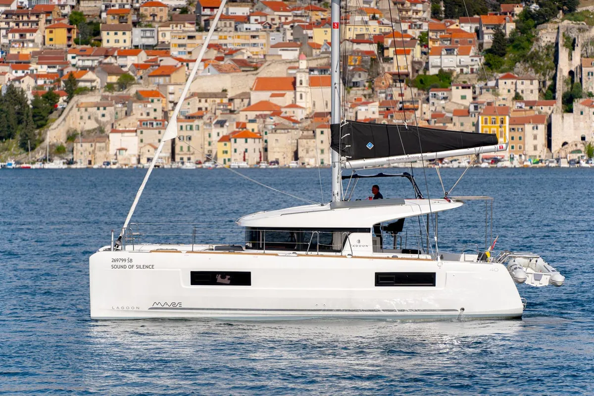 Exterior view of Sound of Silence, a Lagoon 40 catamaran at Grad Šibenik, Croatia