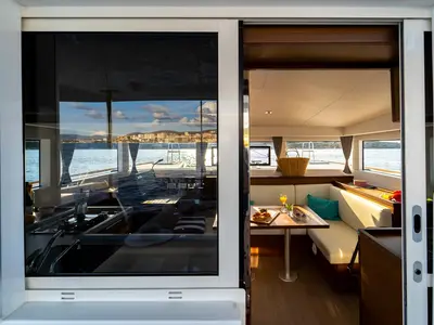 Salon of Sound of Silence, a Lagoon 40 catamaran at Grad Šibenik, Croatia