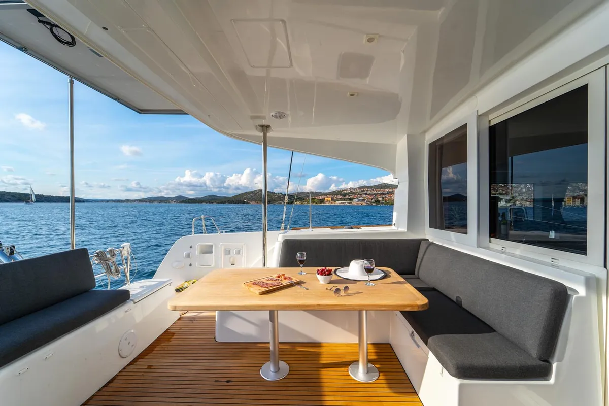 Deck of Sound of Silence, a Lagoon 40 catamaran at Grad Šibenik, Croatia