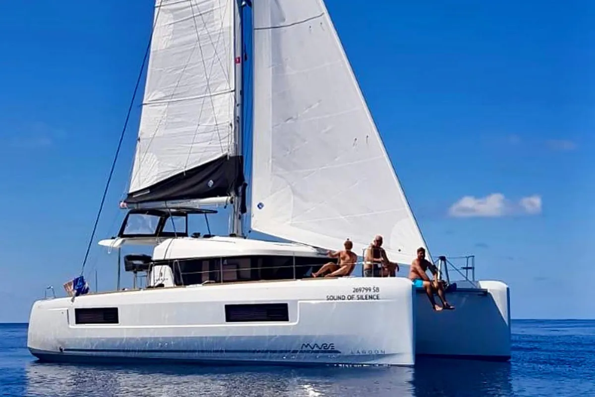 Exterior view of Sound of Silence, a Lagoon 40 catamaran at Grad Šibenik, Croatia
