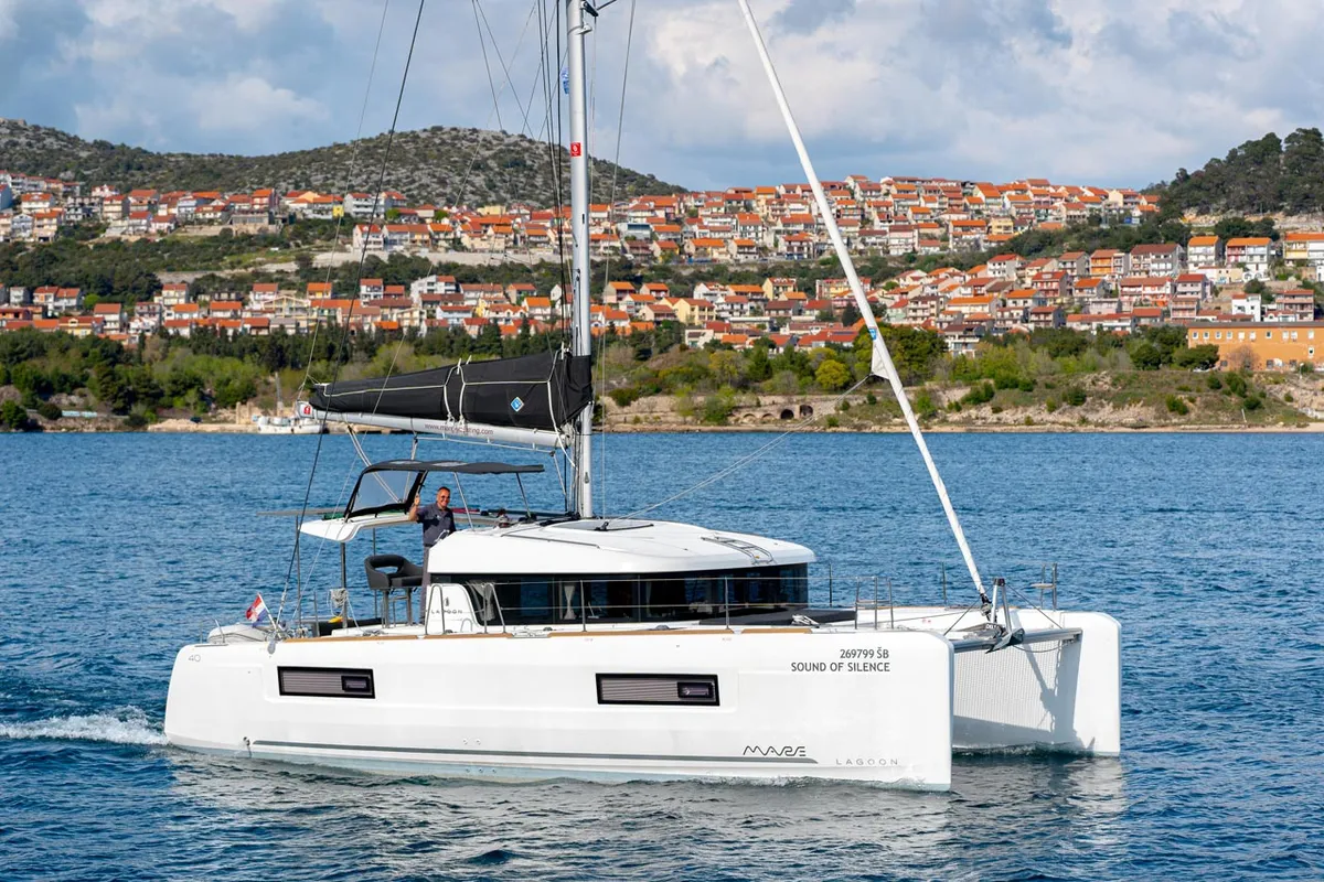 Exterior view of Sound of Silence, a Lagoon 40 catamaran at Grad Šibenik, Croatia