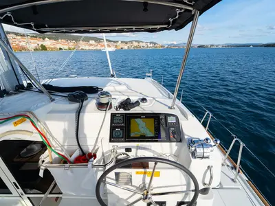 Cockpit of Sound of Silence, a Lagoon 40 catamaran at Grad Šibenik, Croatia