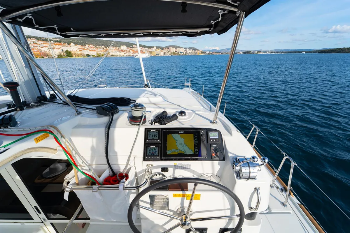 Cockpit of Sound of Silence, a Lagoon 40 catamaran at Grad Šibenik, Croatia