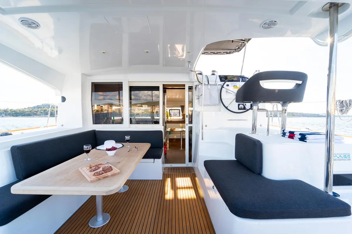 Cockpit of Sound of Silence, a Lagoon 40 catamaran at Grad Šibenik, Croatia