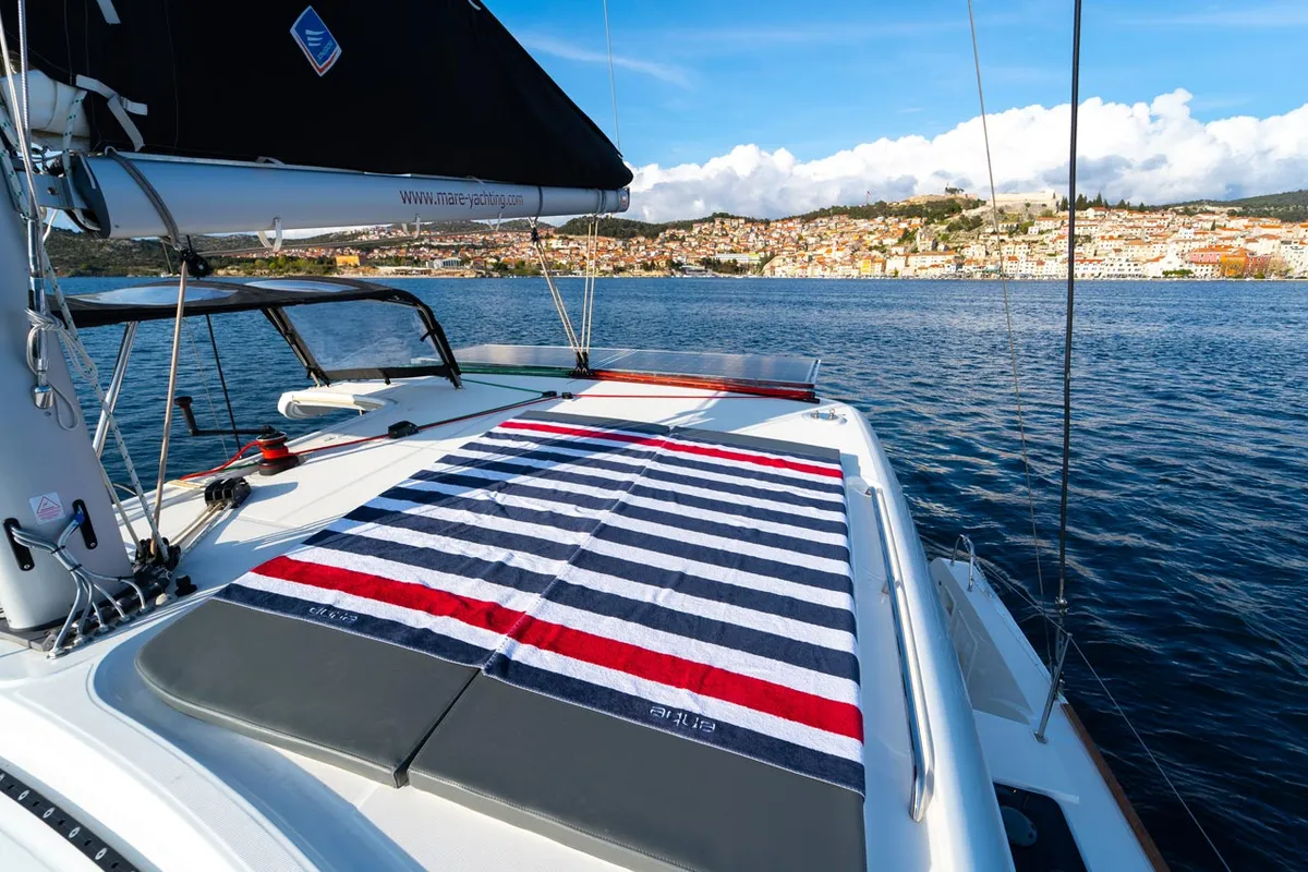 Deck of Sound of Silence, a Lagoon 40 catamaran at Grad Šibenik, Croatia