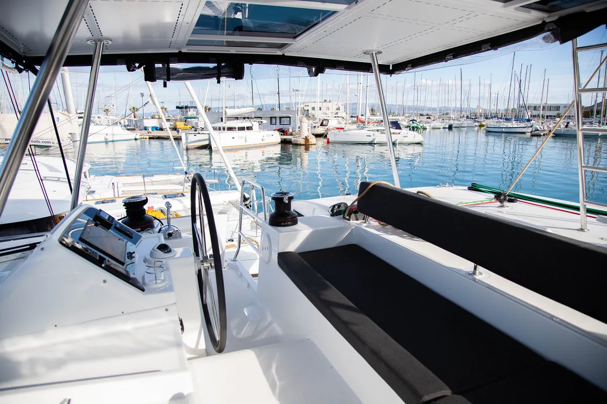 Cockpit of Anja I, a Lagoon 450 Fly catamaran at Općina Rogoznica, Croatia