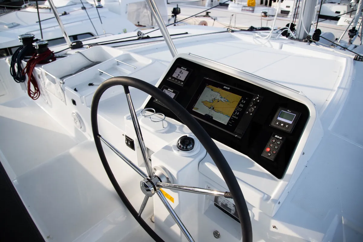 Cockpit of Anja I, a Lagoon 450 Fly catamaran at Općina Rogoznica, Croatia