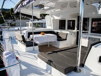 Deck of Anja I, a Lagoon 450 Fly catamaran at Općina Rogoznica, Croatia