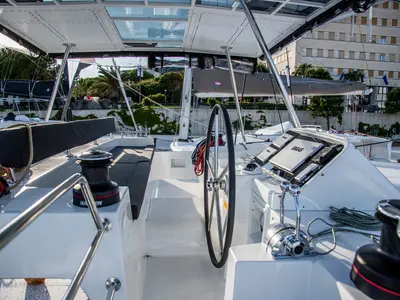Cockpit of Anja I, a Lagoon 450 Fly catamaran at Općina Rogoznica, Croatia