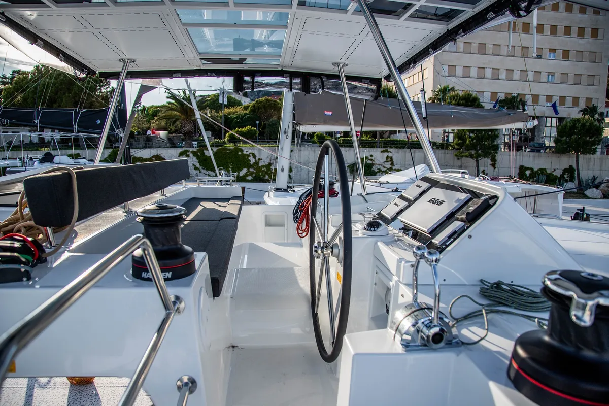 Cockpit of Anja I, a Lagoon 450 Fly catamaran at Općina Rogoznica, Croatia