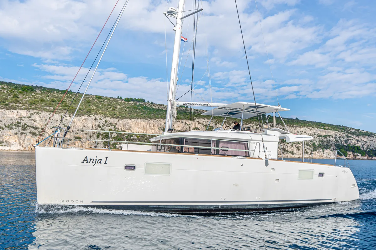 Exterior view of Anja I, a Lagoon 450 Fly catamaran at Općina Rogoznica, Croatia