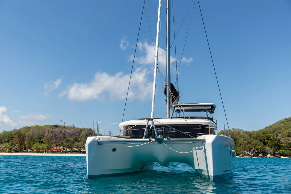 Exterior view of Athena Pearl, a Lagoon 42 catamaran at Roche Caiman, Seychelles