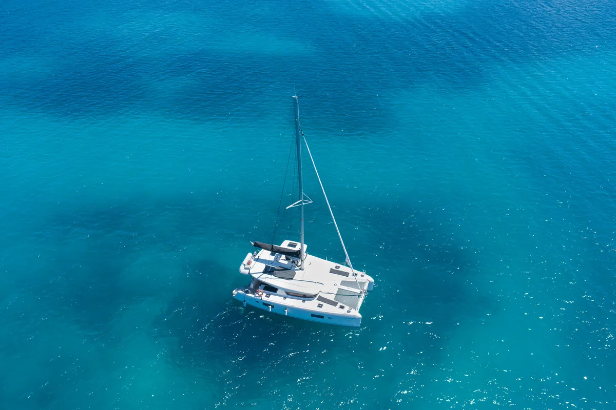 Exterior view of Athena Pearl, a Lagoon 42 catamaran at Roche Caiman, Seychelles