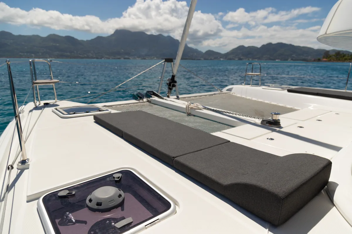 Deck of Athena Pearl, a Lagoon 42 catamaran at Roche Caiman, Seychelles