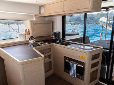 Galley of Athena Pearl, a Lagoon 42 catamaran at Roche Caiman, Seychelles
