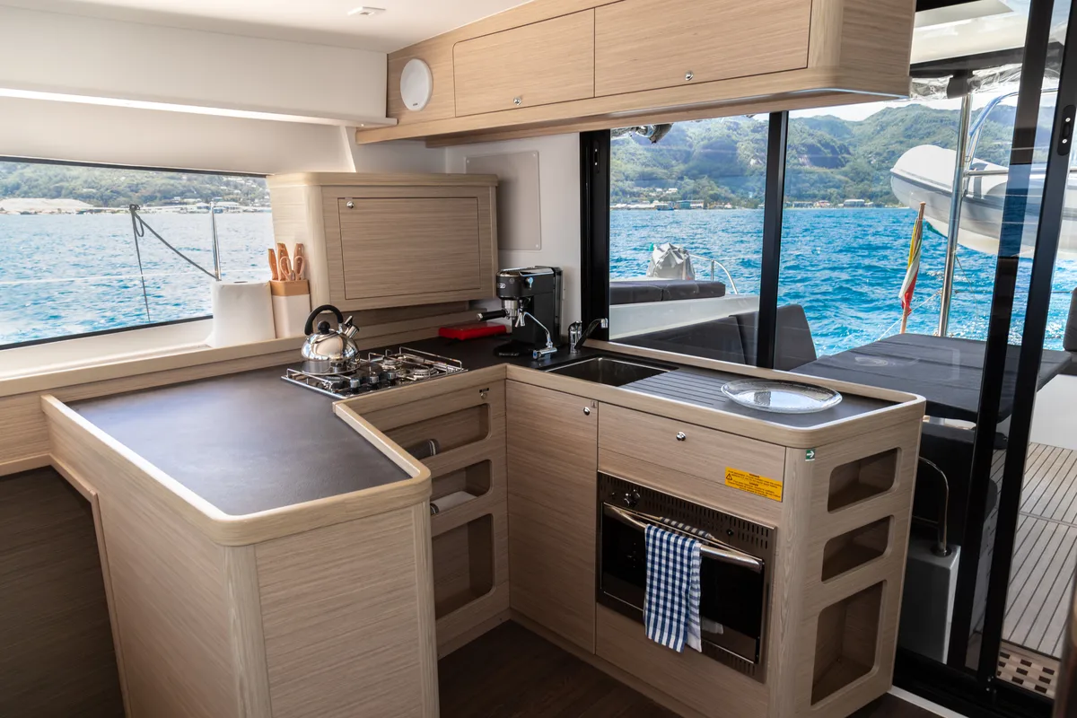 Galley of Athena Pearl, a Lagoon 42 catamaran at Roche Caiman, Seychelles