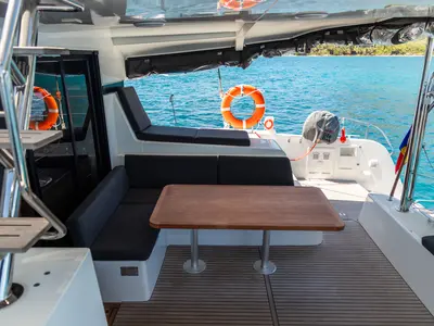 Deck of Athena Pearl, a Lagoon 42 catamaran at Roche Caiman, Seychelles