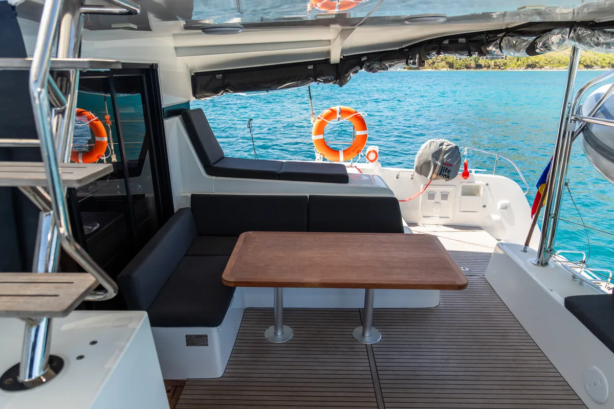 Deck of Athena Pearl, a Lagoon 42 catamaran at Roche Caiman, Seychelles