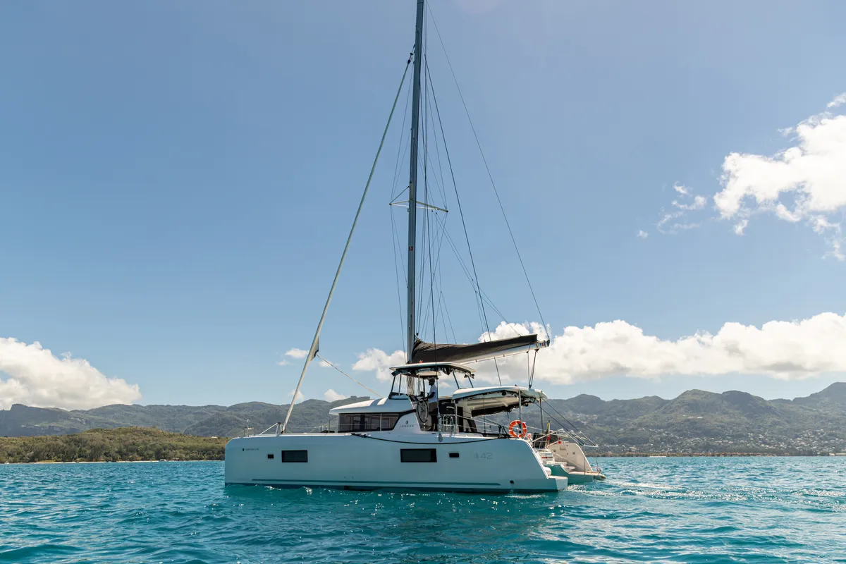 Exterior view of Athena Pearl, a Lagoon 42 catamaran at Roche Caiman, Seychelles