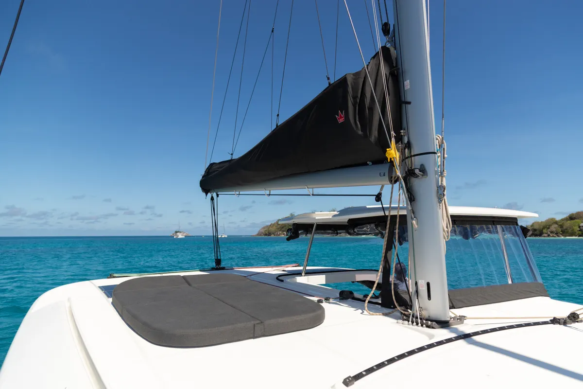 Deck of Athena Pearl, a Lagoon 42 catamaran at Roche Caiman, Seychelles