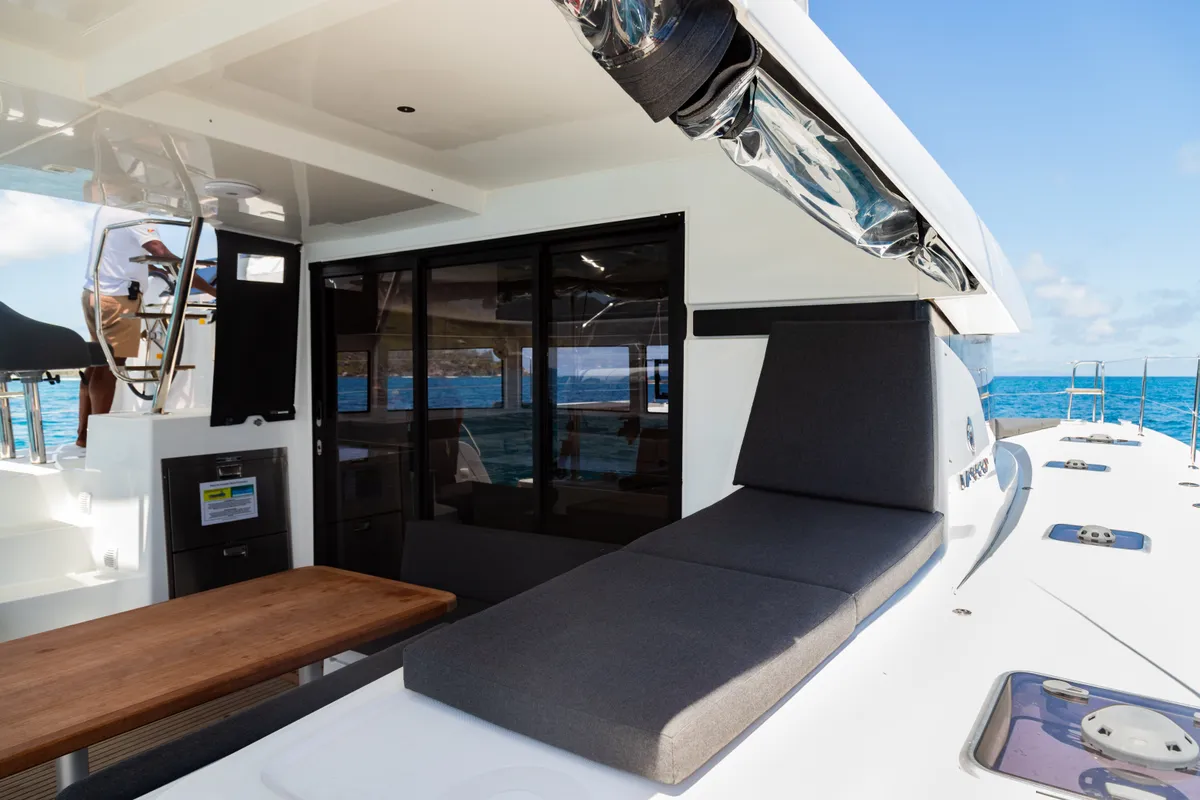 Deck of Athena Pearl, a Lagoon 42 catamaran at Roche Caiman, Seychelles