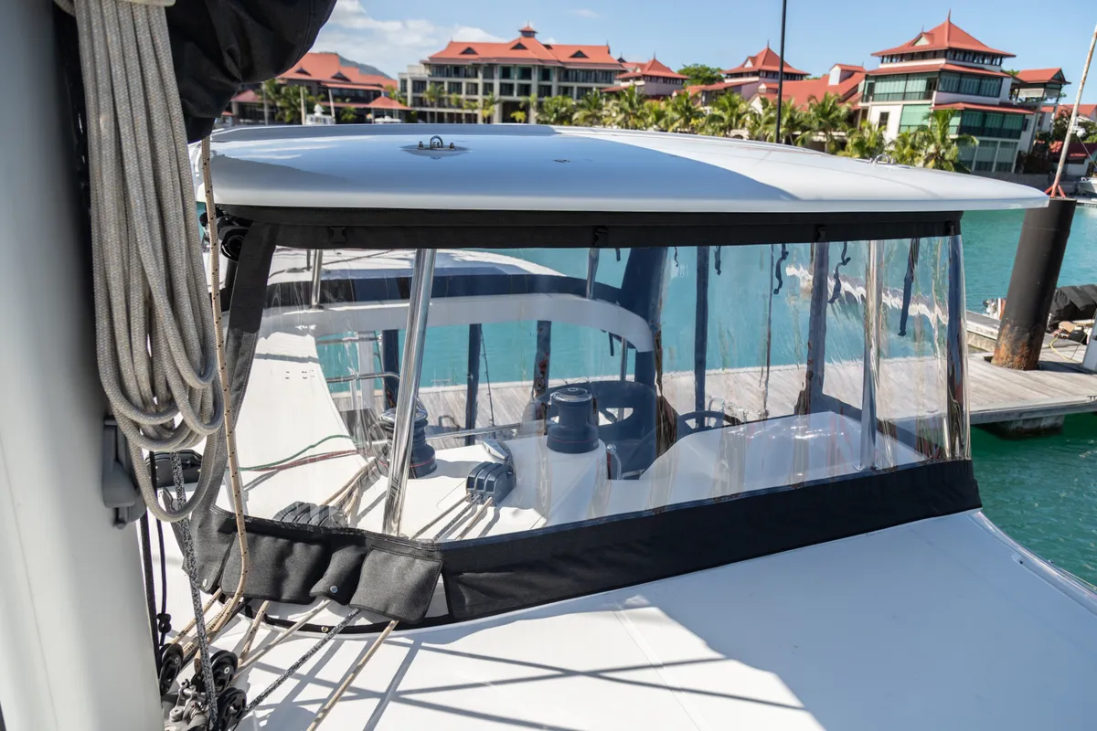 Cockpit of Athena Pearl, a Lagoon 42 catamaran at Roche Caiman, Seychelles