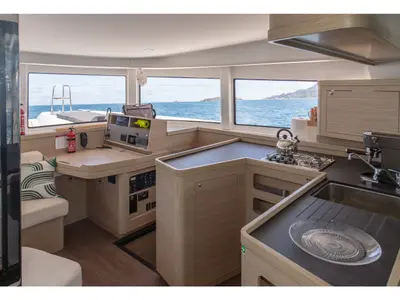 Salon of Athena Pearl, a Lagoon 42 catamaran at Roche Caiman, Seychelles