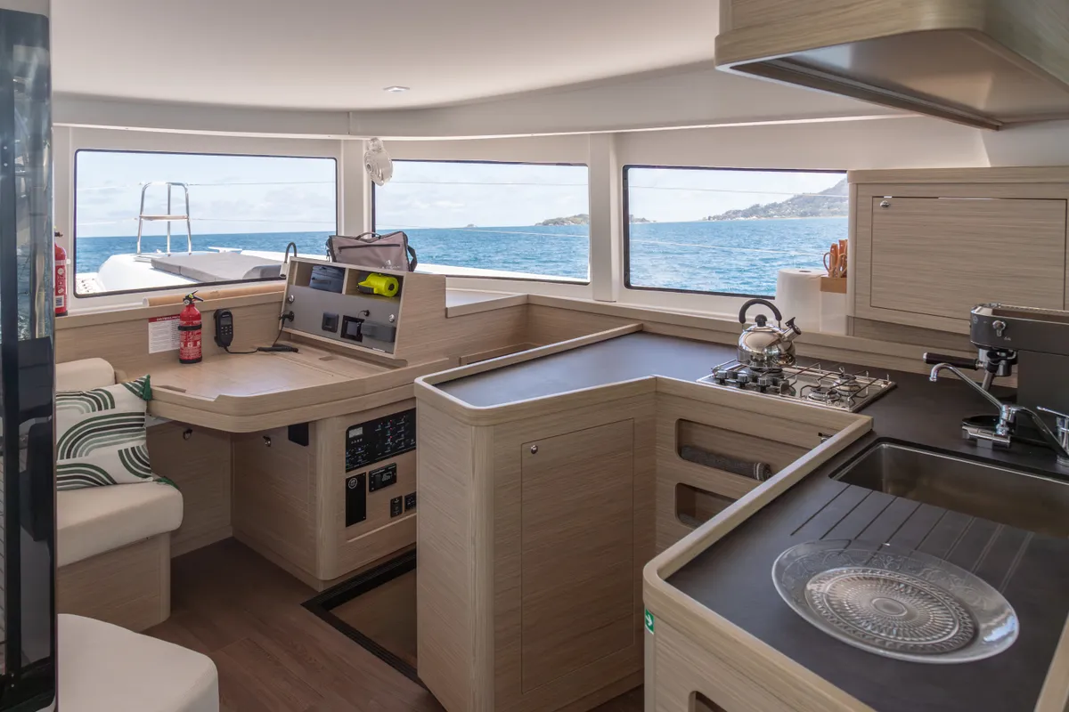Salon of Athena Pearl, a Lagoon 42 catamaran at Roche Caiman, Seychelles