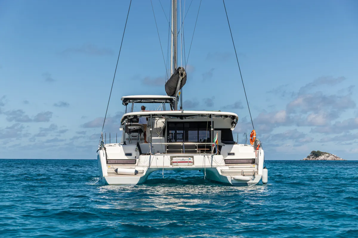 Exterior view of Athena Pearl, a Lagoon 42 catamaran at Roche Caiman, Seychelles