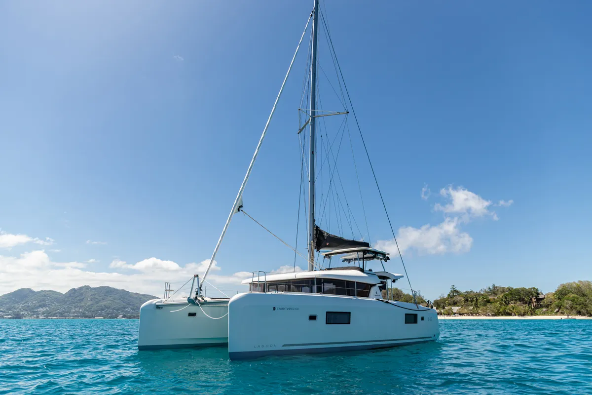 Exterior view of Athena Pearl, a Lagoon 42 catamaran at Roche Caiman, Seychelles