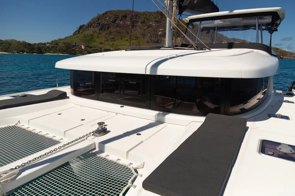 Deck of Athena Pearl, a Lagoon 42 catamaran at Roche Caiman, Seychelles
