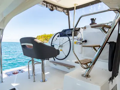 Cockpit of Athena Pearl, a Lagoon 42 catamaran at Roche Caiman, Seychelles