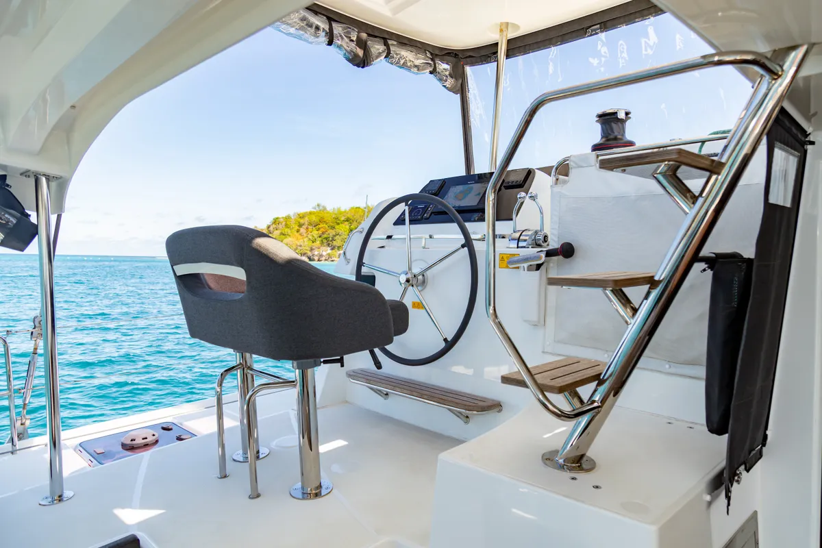 Cockpit of Athena Pearl, a Lagoon 42 catamaran at Roche Caiman, Seychelles