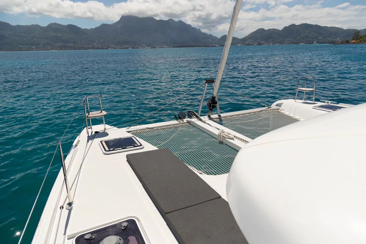 Deck of Athena Pearl, a Lagoon 42 catamaran at Roche Caiman, Seychelles