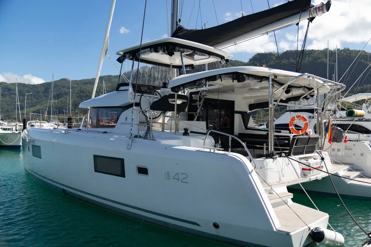 Exterior view of Athena Pearl, a Lagoon 42 catamaran at Roche Caiman, Seychelles