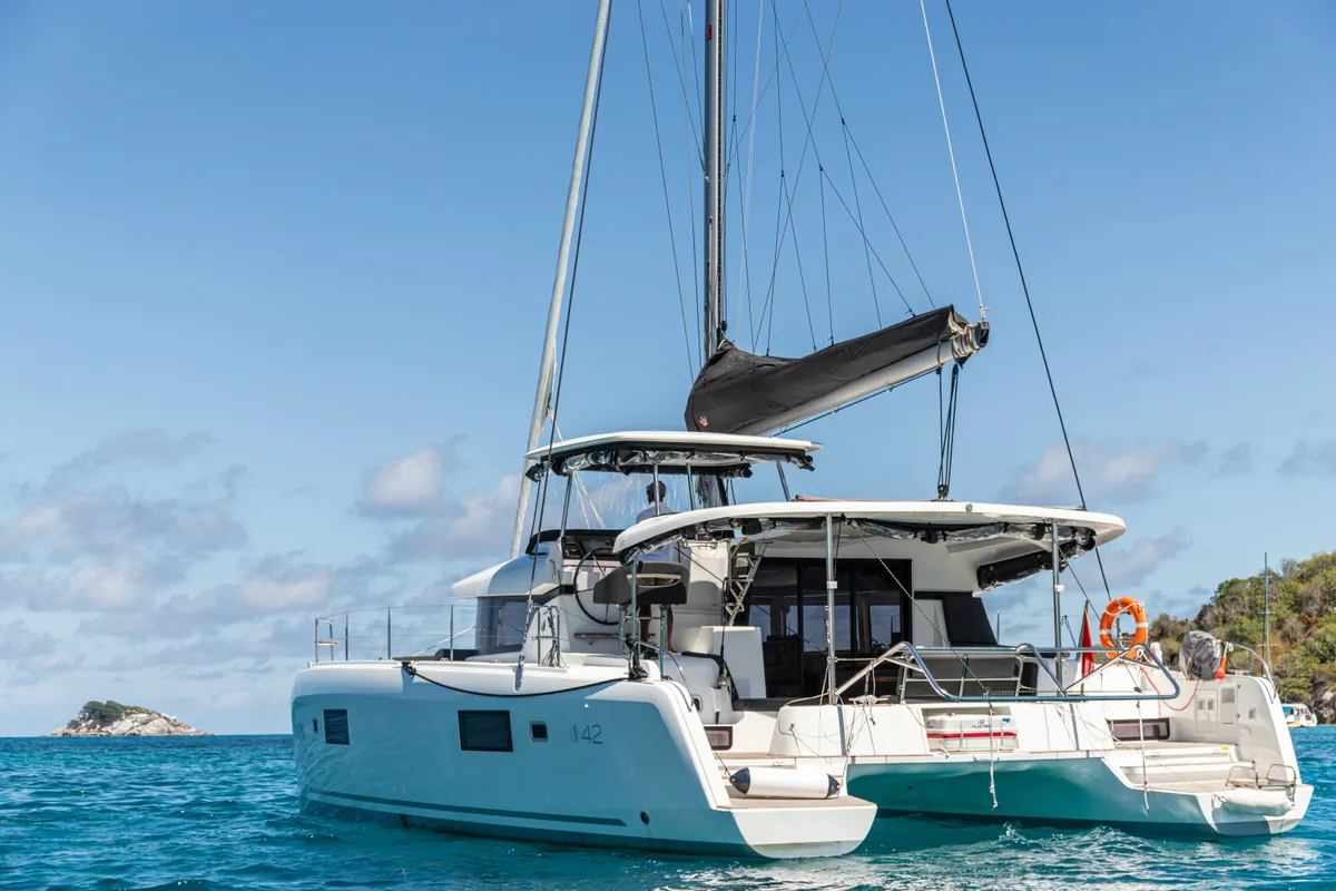 Exterior view of Athena Pearl, a Lagoon 42 catamaran at Roche Caiman, Seychelles